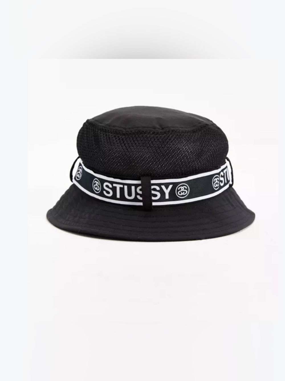 Stussy Band Bucket Hat Logo Black White Mesh Panel Unisex L/XL